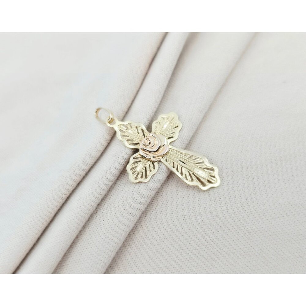Unique 14K Two Tone Multi Color Gold Religious Floral Flower Cross Charm Pendant - Picture 2 of 11